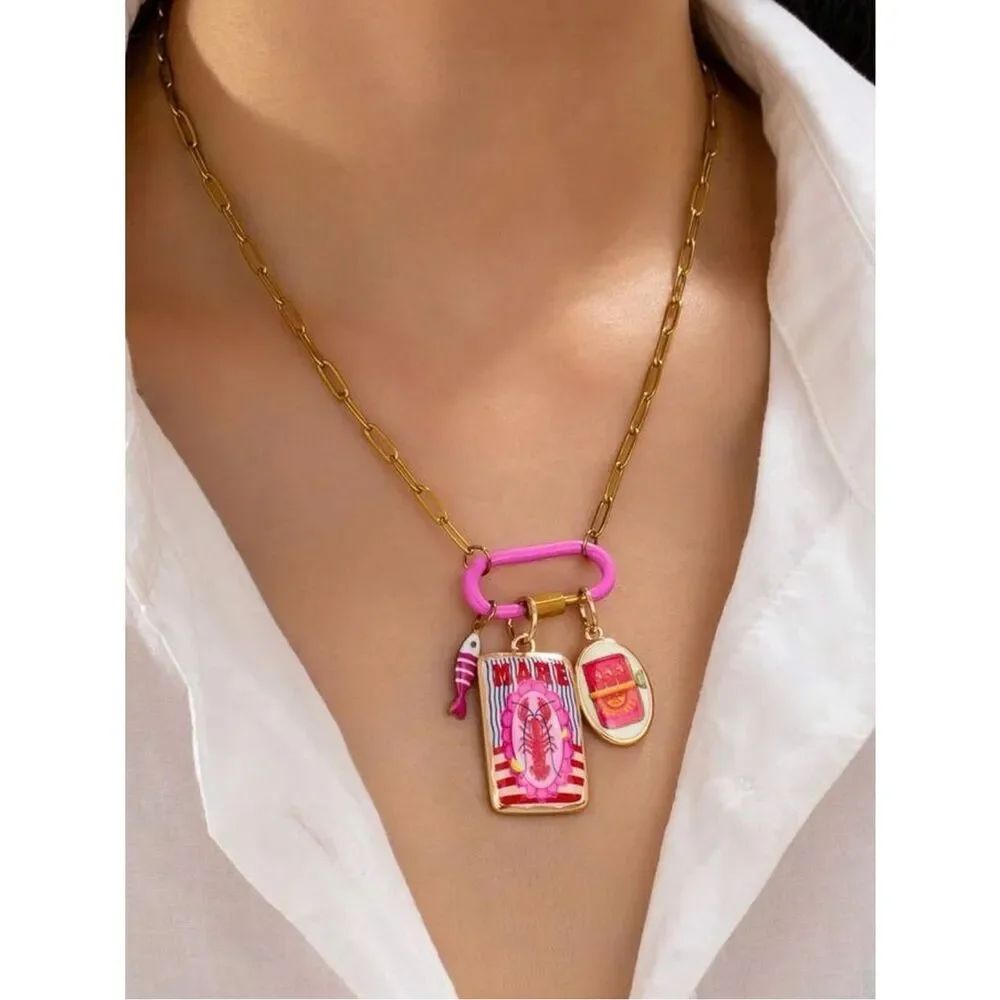 Pink lobster, fish Charm Accents necklace A2041